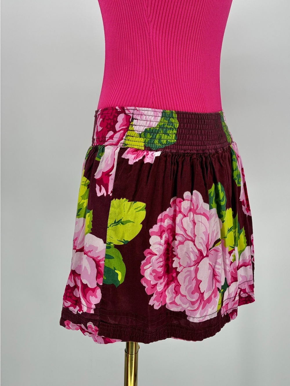 ABERCROMBIE & FITCH Floral Mini Skirt Smocked Waist Burgundy Pink S - Picture 12 of 13